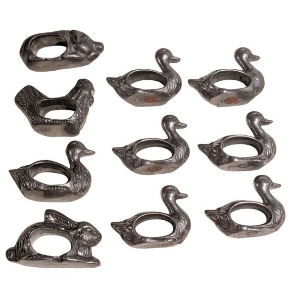Vintage Shafford Pewter Animal Napkin Rings Set 10 Ducks Rabbit Hen Pig - Picture 9 of 16